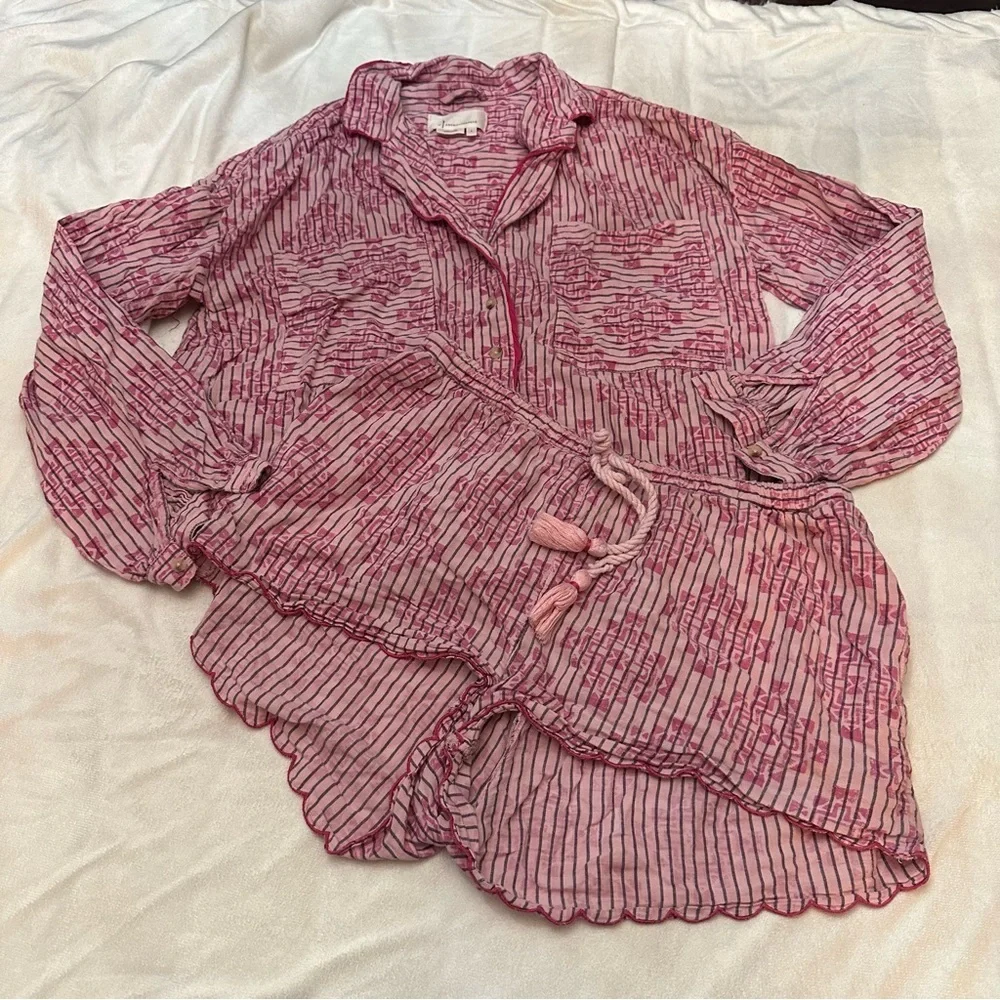 Anthropologie Ella Scalloped Blouse Pajama Top and Pants Set Size Small 51732